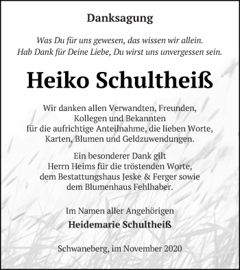 Traueranzeige von Heiko Schultheiß von Prenzlauer Zeitung