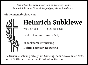 Traueranzeige von Heinrich Subklewe von Pasewalker Zeitung