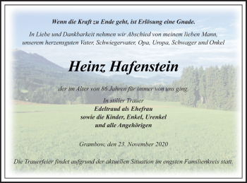 Traueranzeige von Heinz Hafenstein von Pasewalker Zeitung