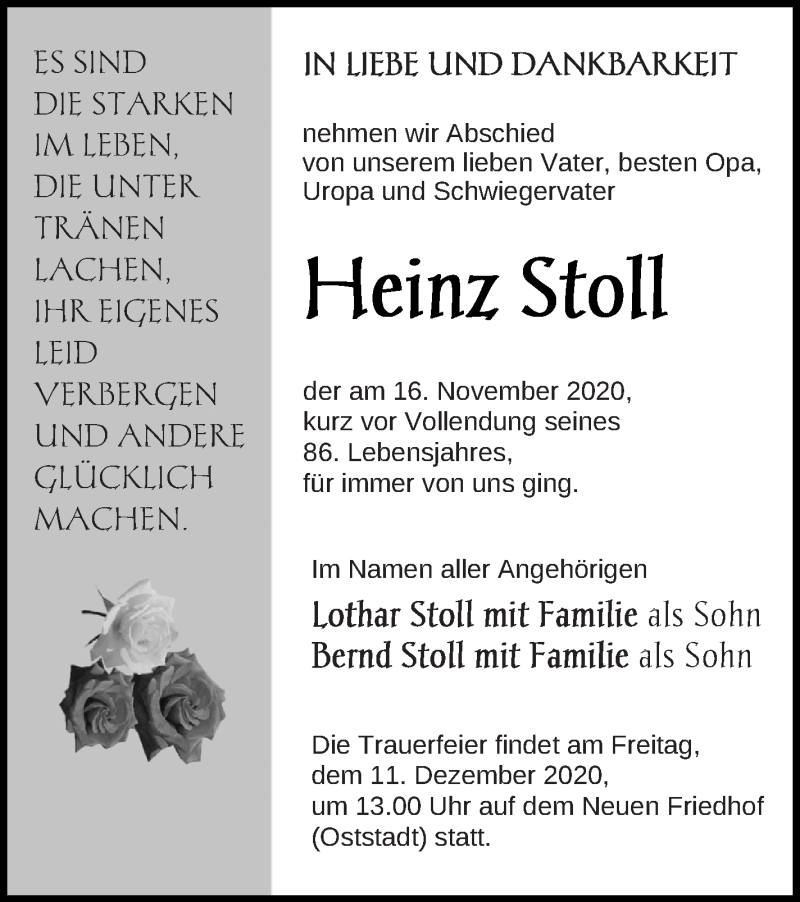  Traueranzeige für Heinz Stoll vom 24.11.2020 aus Neubrandenburger Zeitung