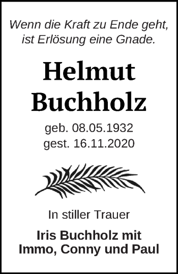 Traueranzeige von Helmut Buchholz von Haff-Zeitung