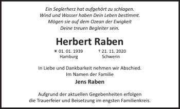 Traueranzeige von Herbert Raben von Zeitung für die Landeshauptstadt