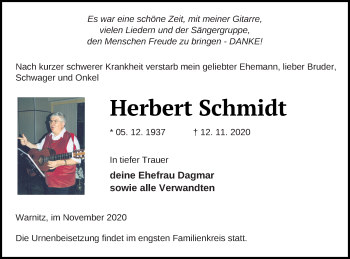 Traueranzeige von Herbert Schmidt von Prenzlauer Zeitung