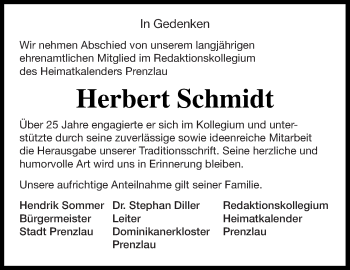 Traueranzeige von Herbert Schmidt von Prenzlauer Zeitung