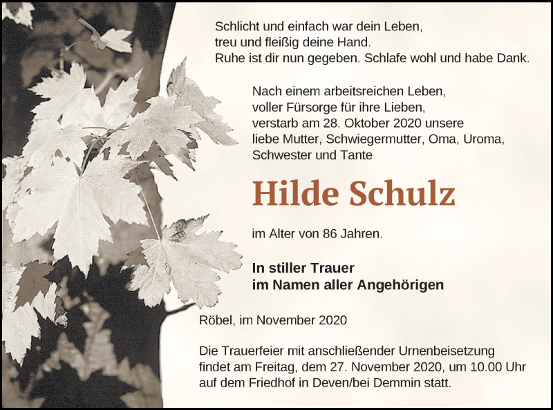  Traueranzeige für Hilde Schulz vom 24.11.2020 aus Müritz-Zeitung