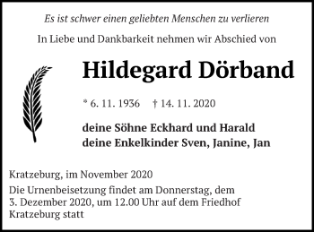 Traueranzeige von Hildegard Dörband von Strelitzer Zeitung