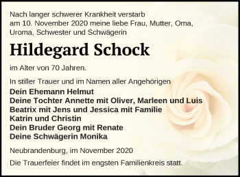 Traueranzeige von Hildegard Schock von Neubrandenburger Zeitung