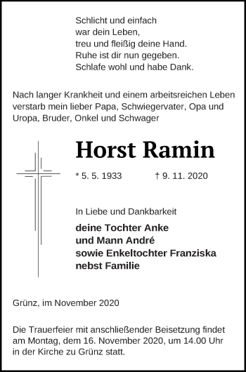 Traueranzeige von Horst Ramin von Pasewalker Zeitung