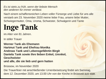 Traueranzeige von Inge Tank von Prenzlauer Zeitung