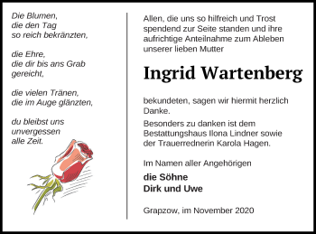 Traueranzeige von Ingrid Wartenberg von Neubrandenburger Zeitung