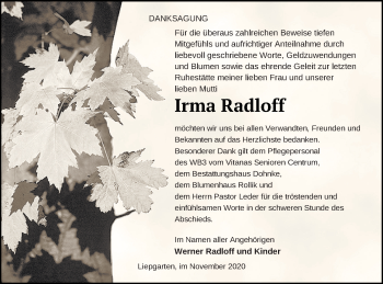 Traueranzeige von Irma Radloff von Haff-Zeitung