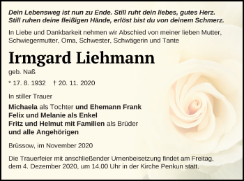 Traueranzeige von Irmgard Liehmann von Pasewalker Zeitung