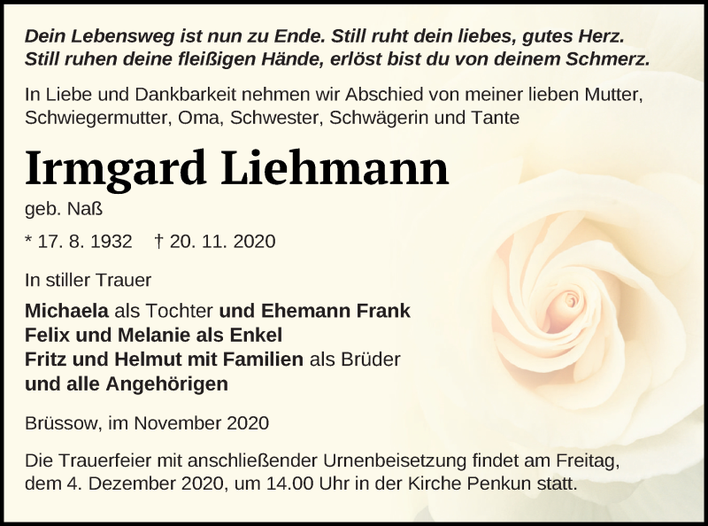  Traueranzeige für Irmgard Liehmann vom 27.11.2020 aus Pasewalker Zeitung