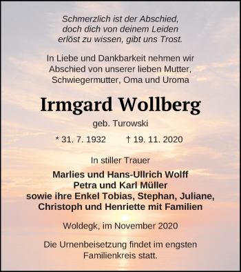 Traueranzeige von Irmgard Wollberg von Strelitzer Zeitung