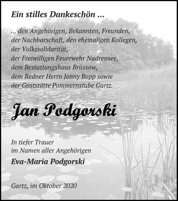 Traueranzeige von Jan Podgorski von Pasewalker Zeitung