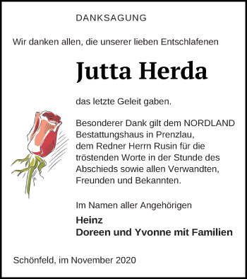 Traueranzeige von Jutta Herda von Prenzlauer Zeitung