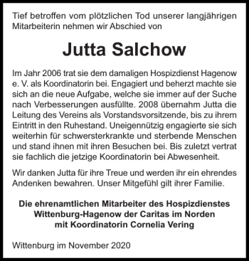 Traueranzeige von Jutta Salchow von Hagenower Kreisblatt