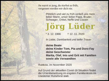 Traueranzeige von Jörg Lüder von Vorpommern Kurier