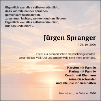 Traueranzeige von Jürgen Spranger von Strelitzer Zeitung