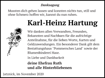 Traueranzeige von Karl-Heinz Hartung von Pasewalker Zeitung