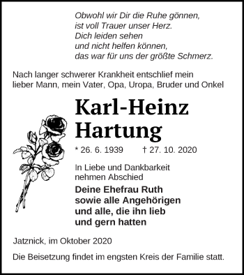 Traueranzeige von Karl-Heinz Hartung von Pasewalker Zeitung