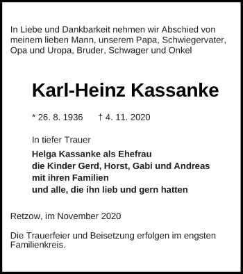 Traueranzeige von Karl-Heinz Kassanke von Müritz-Zeitung