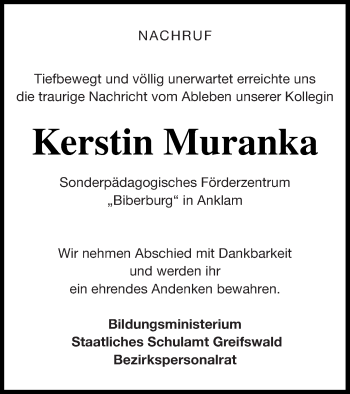 Traueranzeige von Kerstin Muranka von Vorpommern Kurier