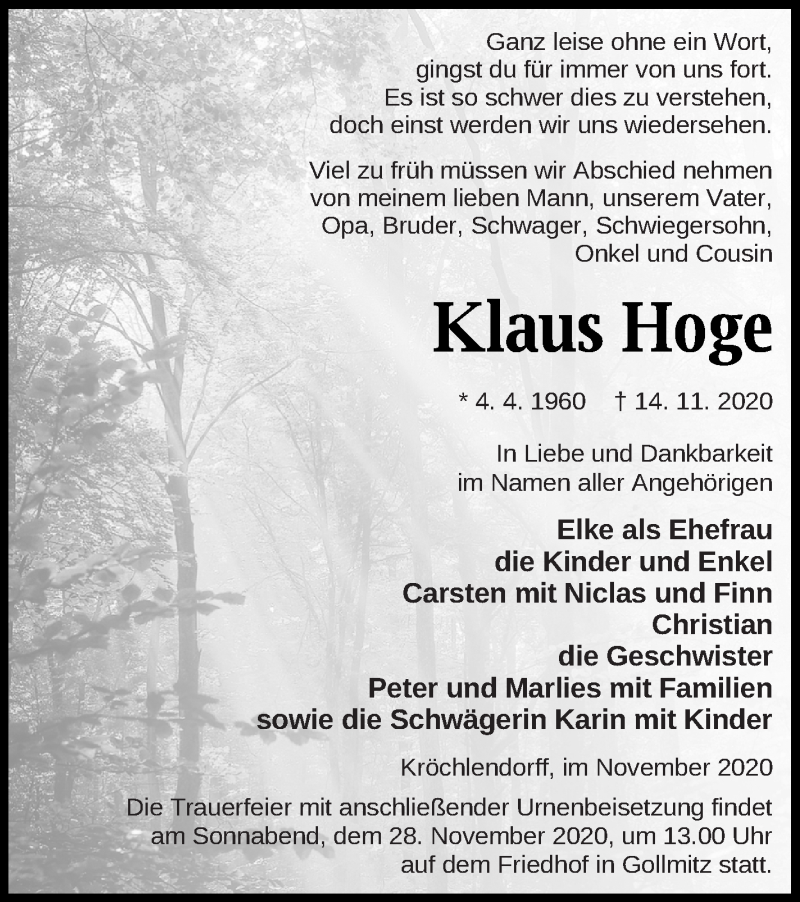  Traueranzeige für Klaus Hoge vom 21.11.2020 aus Prenzlauer Zeitung