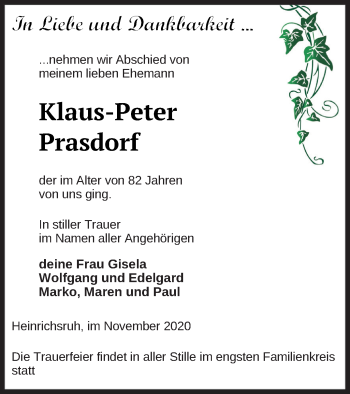 Traueranzeige von Klaus-Peter Prasdorf von Haff-Zeitung