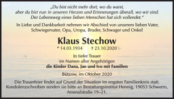 Traueranzeige von Klaus Stechow von Zeitung für die Landeshauptstadt