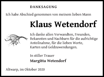 Traueranzeige von Klaus Wetendorf von Haff-Zeitung