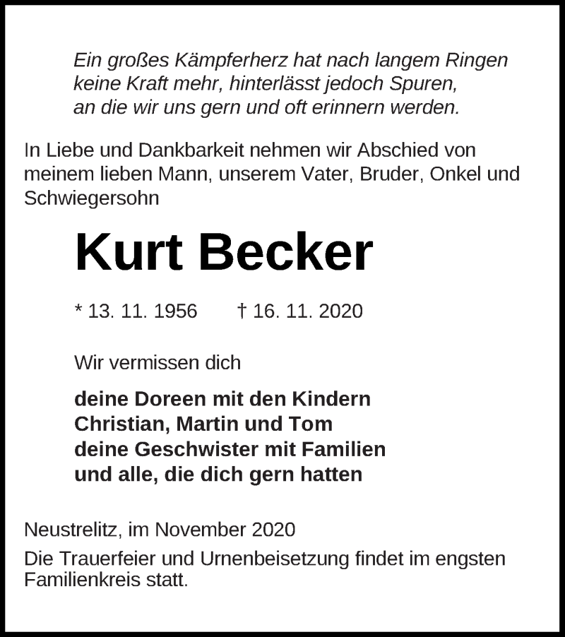  Traueranzeige für Kurt Becker vom 19.11.2020 aus Strelitzer Zeitung