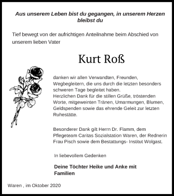 Traueranzeige von Kurt Roß von Müritz-Zeitung
