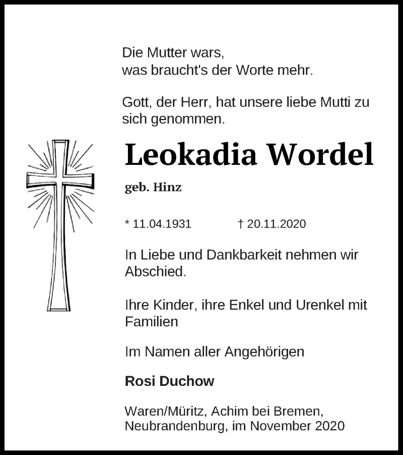  Traueranzeige für Leokadia Wordel vom 27.11.2020 aus Müritz-Zeitung