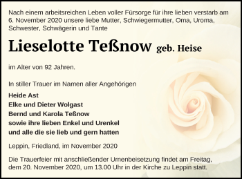 Traueranzeige von Lieselotte Teßnow von Strelitzer Zeitung