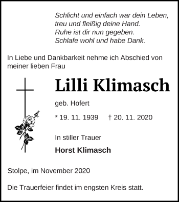 Traueranzeige von Lilli Klimasch von Strelitzer Zeitung