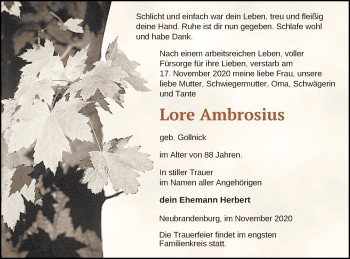 Traueranzeige von Lore Ambrosius von Neubrandenburger Zeitung