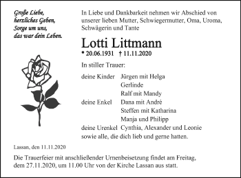 Traueranzeige von Lotti Littmann von Vorpommern Kurier