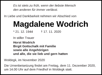 Traueranzeige von Magdalene Wodrich von Strelitzer Zeitung