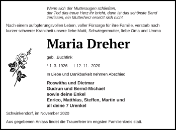 Traueranzeige von Maria Dreher von Müritz-Zeitung