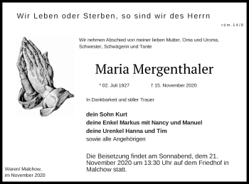 Traueranzeige von Maria Mergenthaler von Müritz-Zeitung