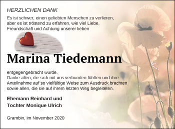 Traueranzeige von Marina Tiedemann von Haff-Zeitung