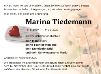 Traueranzeige von Marina Tiedemann von Haff-Zeitung