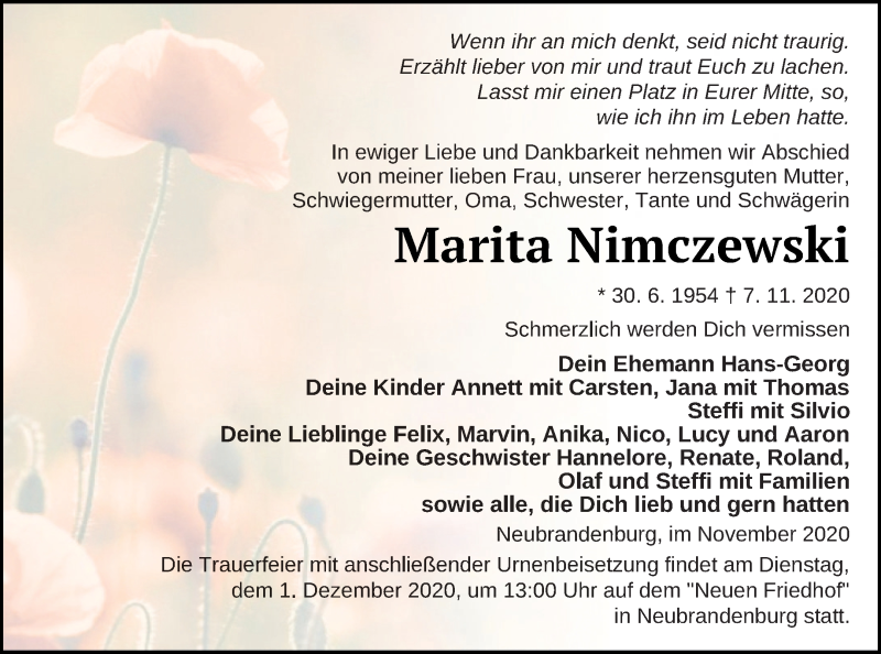  Traueranzeige für Marita Nimczewski vom 13.11.2020 aus Neubrandenburger Zeitung