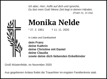 Traueranzeige von Monika Nelde von Mecklenburger Schweiz