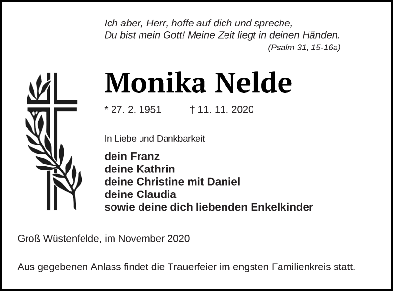  Traueranzeige für Monika Nelde vom 19.11.2020 aus Mecklenburger Schweiz