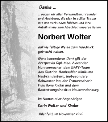 Traueranzeige von Norbert Wolter von Müritz-Zeitung