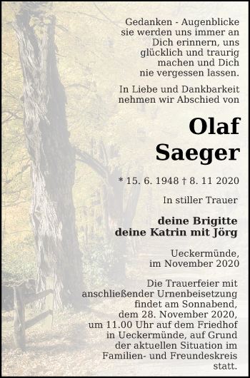 Traueranzeige von Olaf Saeger von Haff-Zeitung
