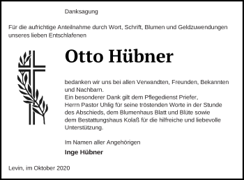 Traueranzeige von Otto Hübner von Mecklenburger Schweiz