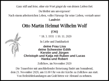 Traueranzeige von Otto Martin HelmutWilhelm Wolf von Pasewalker Zeitung